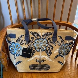 America & Beyond Blue Floral Embroidered Tote Bag